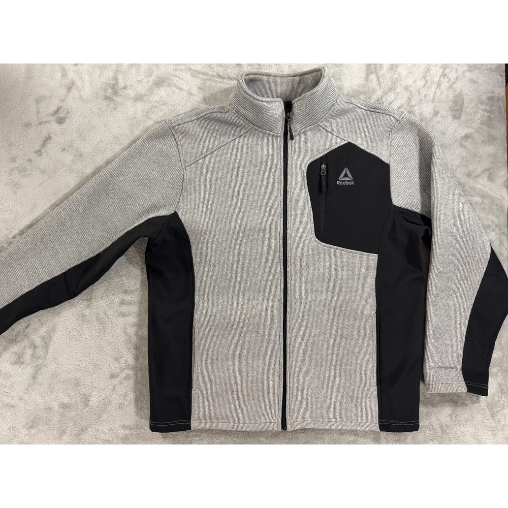 Reebok Jacket Mens XL Gray Black Full Zip Fleece Thermal Mock Neck Chest Pocket